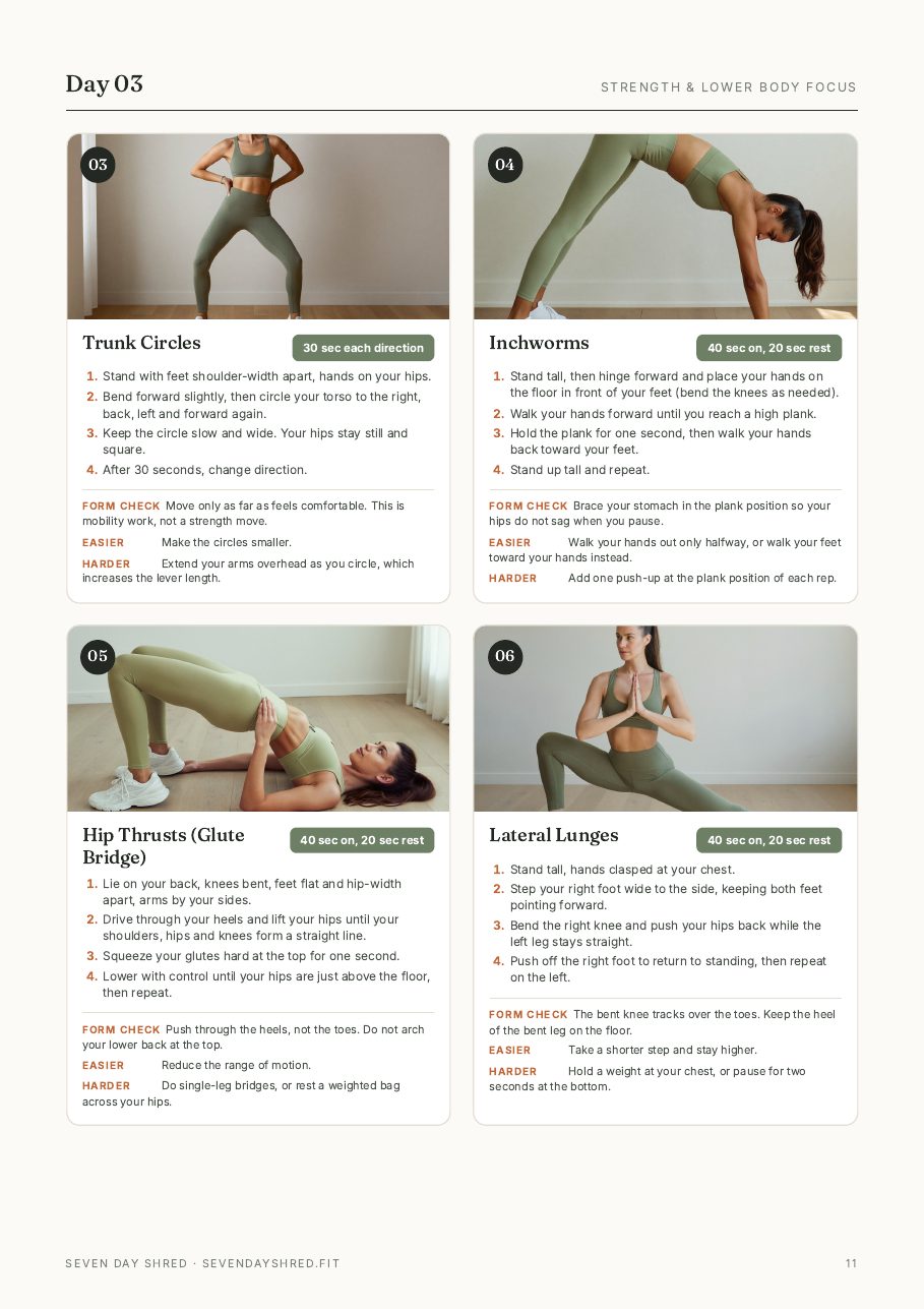 Day 3 strength and lower body exercise cards